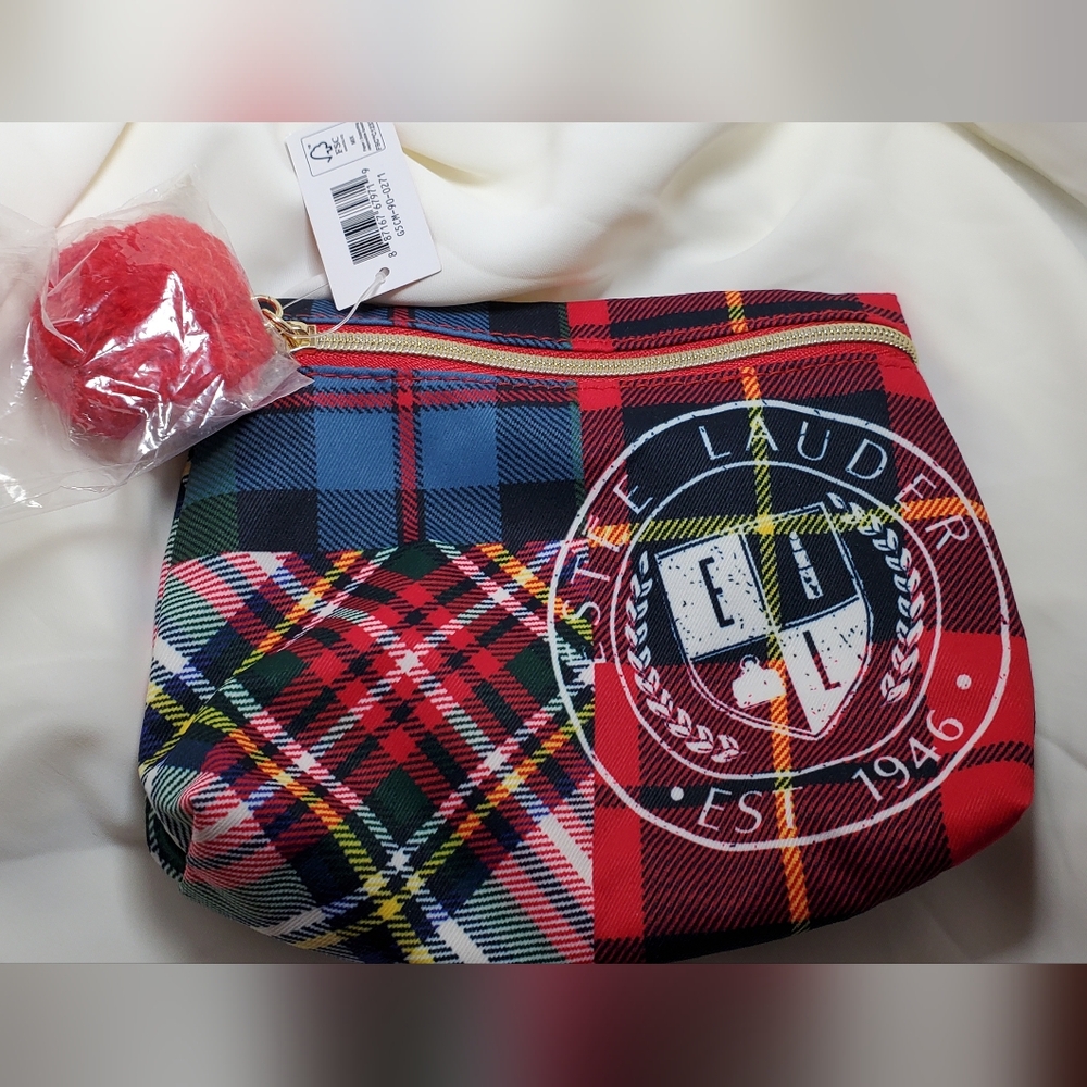 Estee Lauder Tartan Plaid Cosmetic Bag With Pompom Recycled Materials NWT